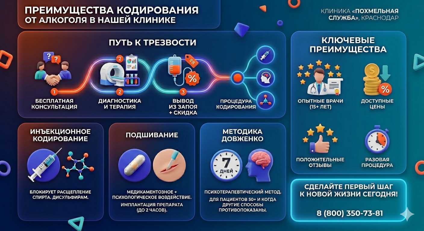 Инфографика о методах кодирования от алкоголя в Голицыно: инъекции, подшивание, метод Довженко. Преимущества клиники и этапы лечения.