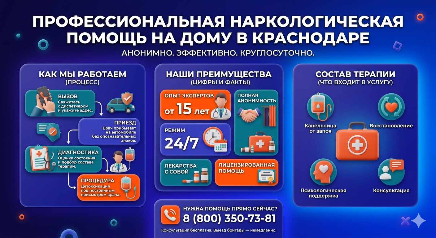 Инфографика о принципах лечения алкоголизма на дому в Голицыно: этапы вызова нарколога, преимущества анонимной детоксикации и состав медицинской помощи.